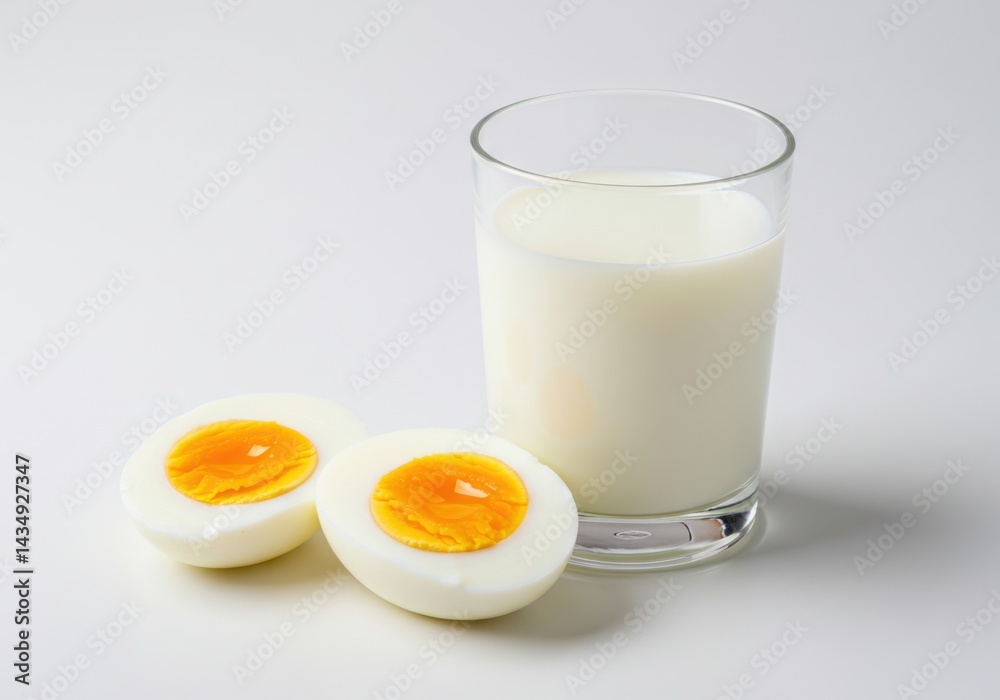 Halved boiled eggs with glass of milk isolated on white background Halved boiled eggs with glass of milk isolated on white background