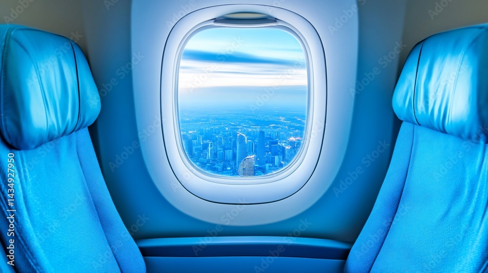 Airplane window view; city skyline, blue seats