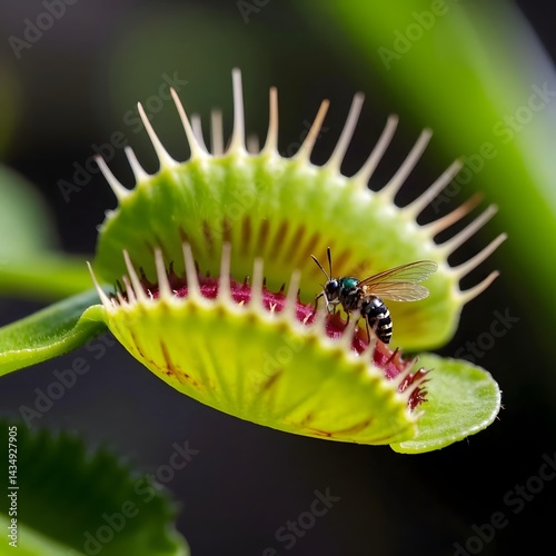 A close-up of a carnivorous Venus flytrap with open jaws, capturing a tiny insect, in a vivid macro shot
