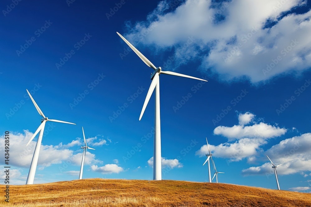 Wind turbines standing in a field under a blue sky with clouds background Wind turbines standing in a field under a blue sky with clouds background