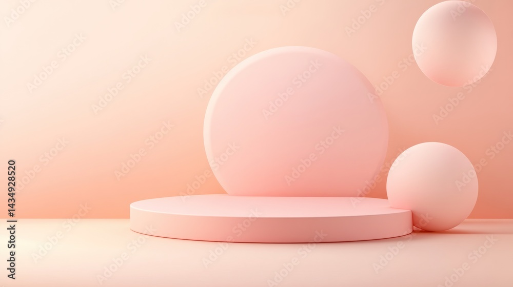 Fototapeta premium Pastel pink geometric display podiums and spheres.