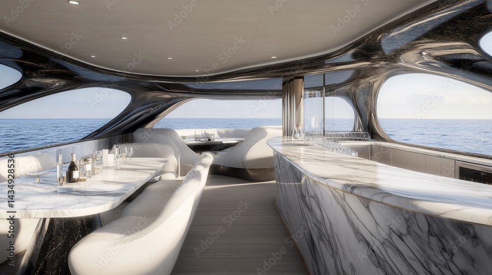 Luxurious yacht interior with dining and bar areas