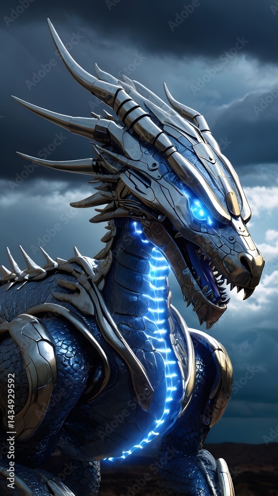 Fototapeta premium Futuristic Metallic Blue Dragon Illustration