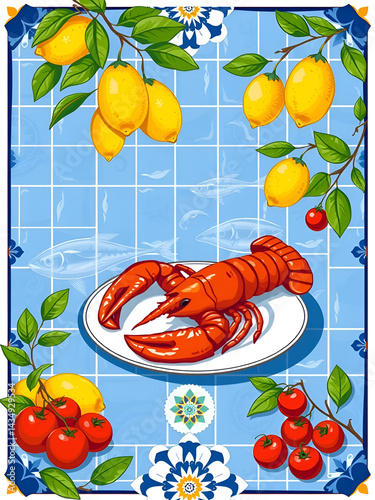 Summer. Italy. Amalfi. Vector illustration of Mediterranean italian blue tiles, lemons, sardines, cherry tomatoes, pattern and lobster on plate for poster, card or background