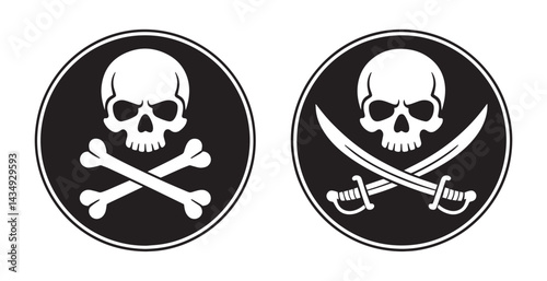 This image features two identical circular logos, each displaying a white skull and crossbones on a black background.