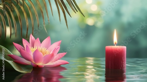 Pink lotus and lit pink candle floating on still water with reflections, set against a green background, evoking tranquility, mindfulness, and peaceful meditation atmosphere.