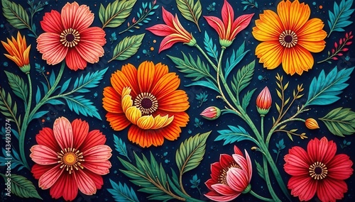 Intricate floral Kalamkari block print, rich color palette , art, luxury, repeat