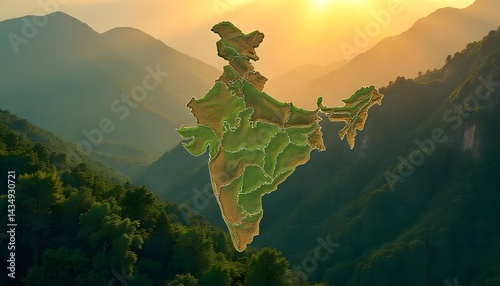 India Map in Mountain Landscape at Sunset