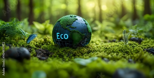 Eco friendly Nature of planet Earth Evergreen concept,  Moss Landscape, and Renewable Energy and High technology Icons for Eco-Friendly Branding