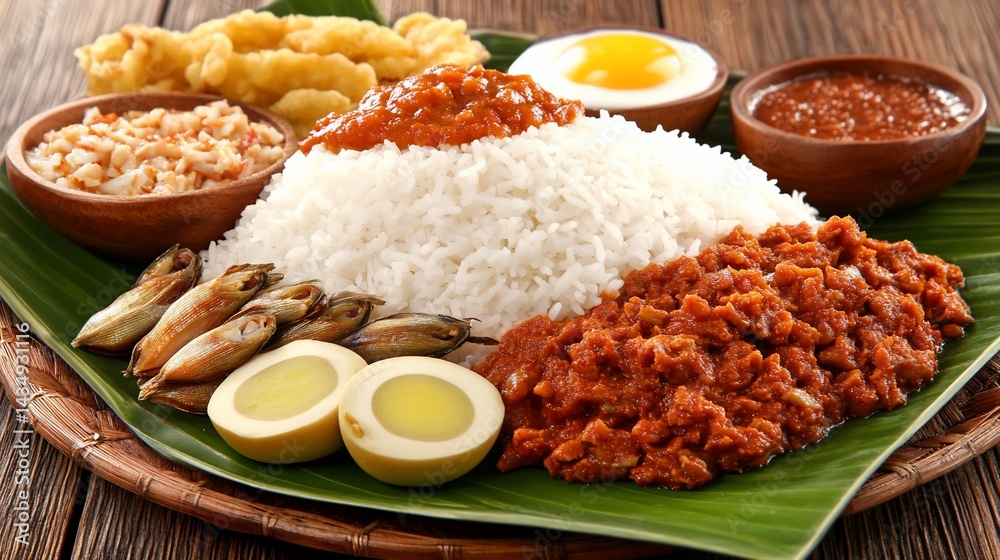 Aromatic rice dish with various accompaniments