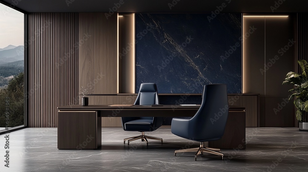 Modern executive office with mountain view. Dark wood paneling, dark blue leather chairs, and a marble accent wall. Spacious and sophisticated