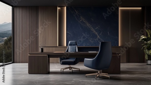Obraz na płótnie Modern executive office with mountain view. Dark wood paneling, dark blue leather chairs, and a marble accent wall. Spacious and sophisticated w salonie