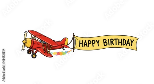 Red airplane with banner illustration for happy birthday greeting card design and party invitation template
