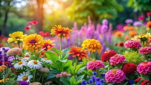 Vibrant colorful flowers blooming in a lush garden, flowers, garden,  flowers