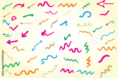 Hand drawn doodle wavy and curve pointer element seamless patterns. Scribble design elements like Arrows, stars, and swirls, perfect for creative and playful design projects. Vector EPS 10