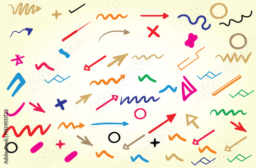 Hand drawn doodle wavy and curve pointer element seamless patterns. Scribble design elements like Arrows, stars, and swirls, perfect for creative and playful design projects. Vector EPS 10