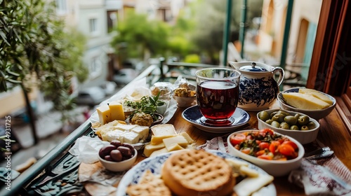 Traditional Turkish Breakfast with Simit and Çay on Balcony photo