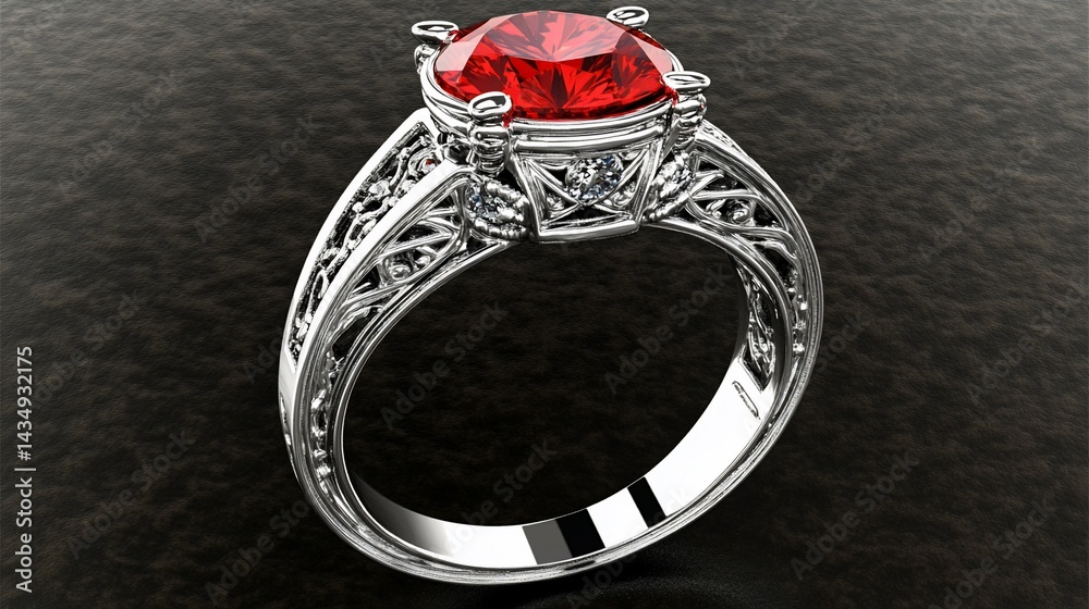 Elegant, silver ring with a large, red gemstone and intricate filigree design