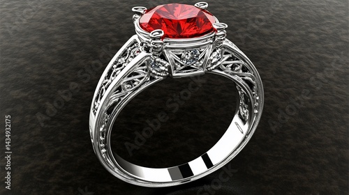 Obraz na płótnie Elegant, silver ring with a large, red gemstone and intricate filigree design w salonie