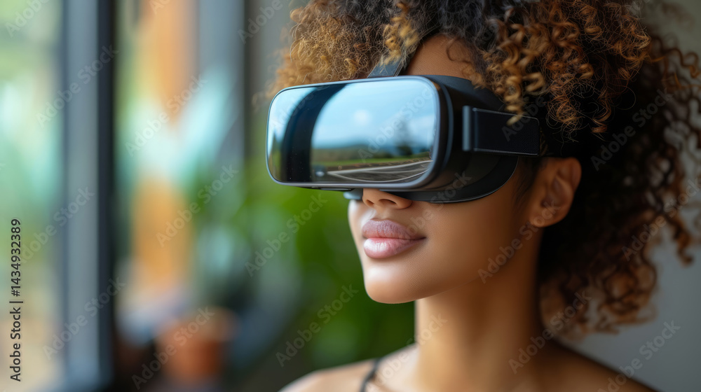 Woman immersed in virtual reality against a cozy indoor backdrop  