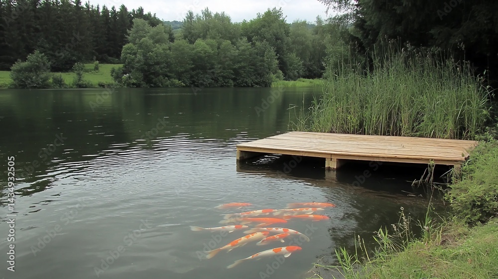 Peaceful pond with koi fish and wooden dock