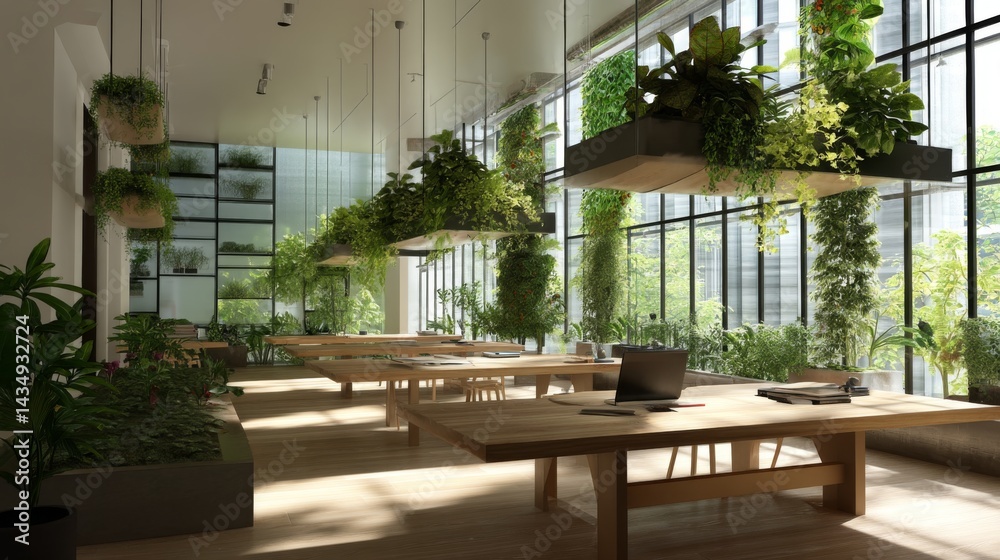Contemporary office featuring an indoor tree growing through the workspace, surrounded by clusters of potted plants on organic-shaped desks, skylights casting sun patterns across the space Contemporary office featuring an indoor tree growing through the workspace, surrounded by clusters of potted plants on organic-shaped desks, skylights casting sun patterns across the space