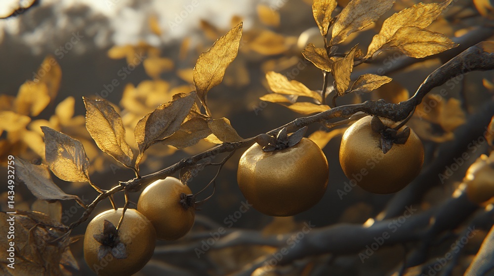Golden apples on a branch, leaves, sunset