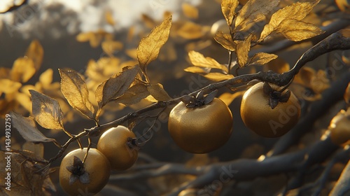 Obraz na płótnie Golden apples on a branch, leaves, sunset w salonie