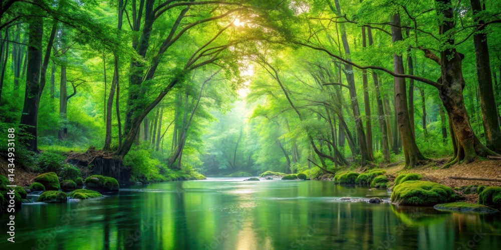 Obraz premium A serene stream flows gently through a dense forest