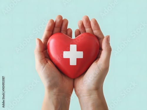 Hands Gently Holding Red Heart with White Cross Symbol