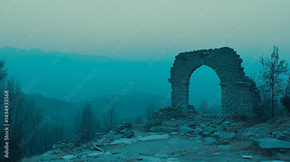 Ancient archway amidst misty mountains