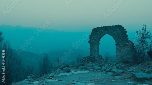 Ancient archway amidst misty mountains