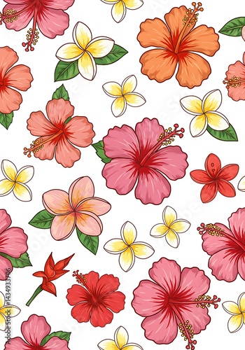 Vibrant Tropical Floral Hand-Drawn Pattern AI Generated