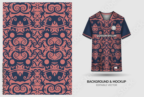 Jersey mockup and background pattern design. Uniform front view jersey and sublimation templates for soccer, football, volleyball, badminton, e-sports, casual
