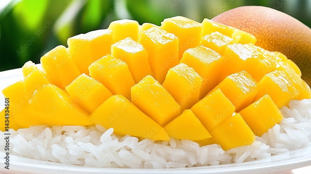 Fresh diced mango served on a bed of white rice