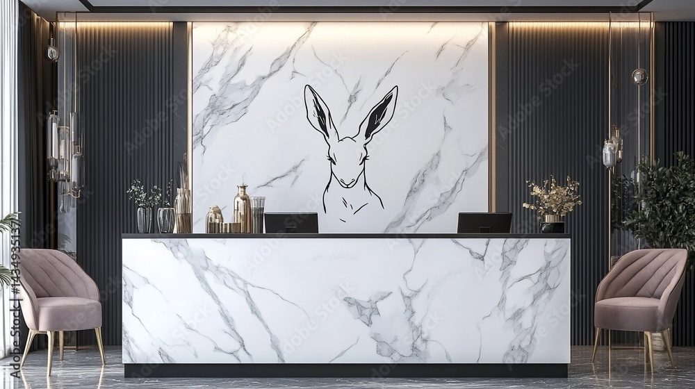 Modern reception desk with minimalist rabbit design. Spacious, elegant lobby with marble countertop and dark accents
