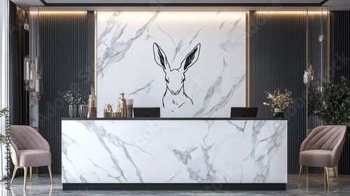Obraz na płótnie Modern reception desk with minimalist rabbit design. Spacious, elegant lobby with marble countertop and dark accents w salonie