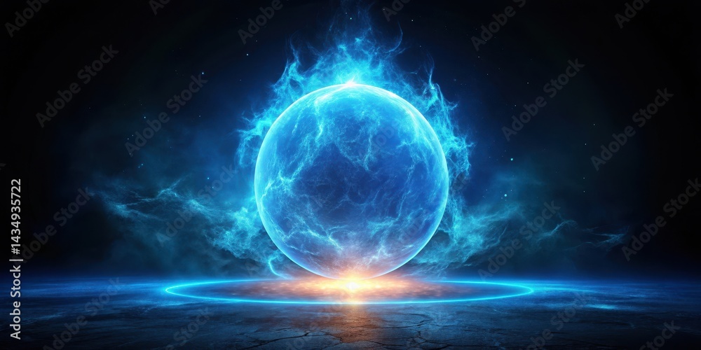 Fototapeta premium Mysterious celestial body emitting a vibrant blue glow on a dark background, surrounded by an aura of energy and mystique, isolated on black ground, cosmic glow