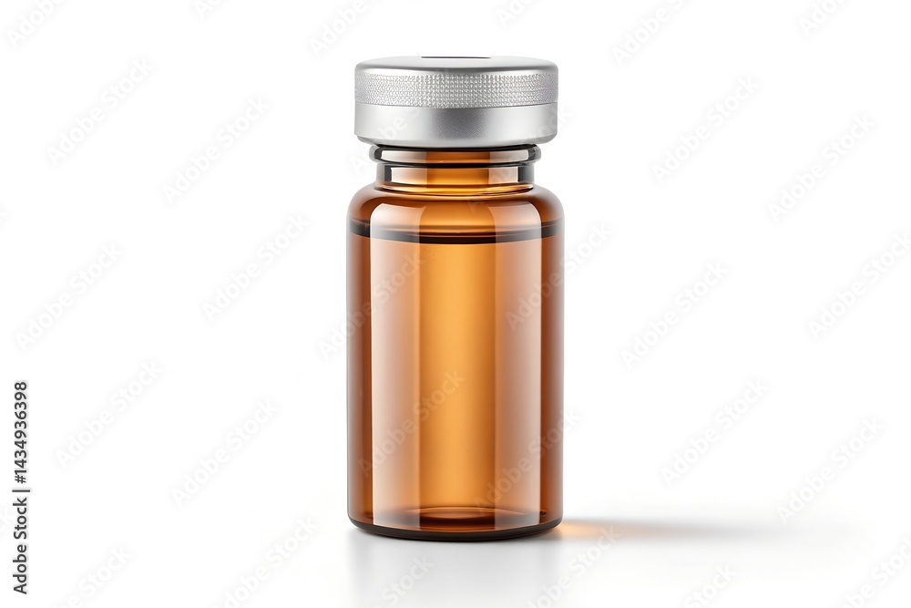 Small amber glass vial with transparent liquid, silver aluminum cap and rubber stopper, ideal for pharmaceutical or cosmetic packaging mockup,white background Small amber glass vial with transparent liquid, silver aluminum cap and rubber stopper, ideal for pharmaceutical or cosmetic packaging mockup,white background