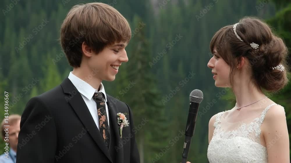 Young couple exchanging vows during outdoor wedding ceremony surrounded by mountains and lush green forest, speaking into microphone Young couple exchanging vows during outdoor wedding ceremony surrounded by mountains and lush green forest, speaking into microphone