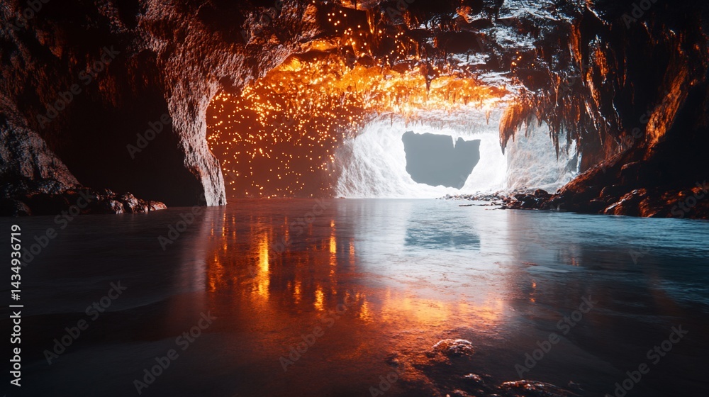 Cave reflections. Fiery glow within