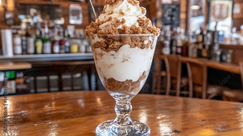 Tall layered dessert in elegant glass. Brown crumble, whipped cream, wood table, bar background
