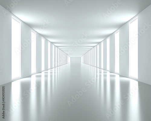 Bright white hallway with tall windows lining the walls. Reflective floor. Perspective to vanishing point