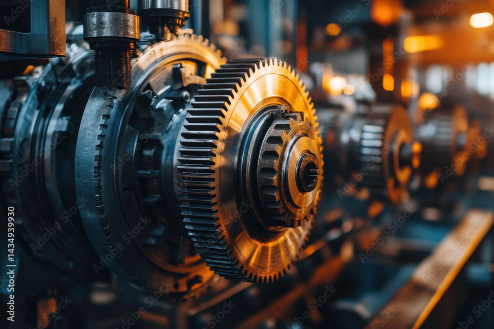Close-up of gear wheel in factory setting, showing intricate details and industrial machinery in the background. Close-up of gear wheel in factory setting, showing intricate details and industrial machinery in the background.