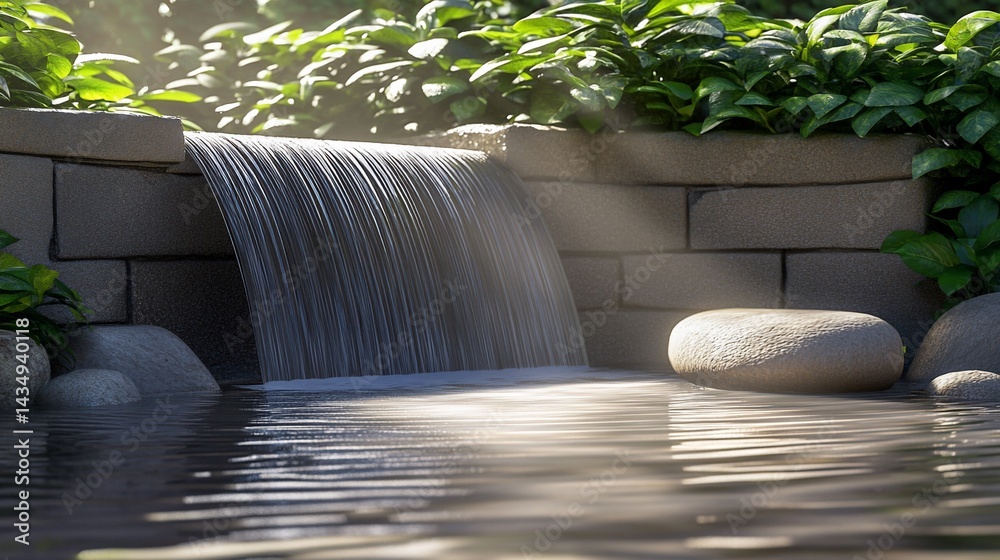 Serene waterfall cascading into calm pool, sunlight through lush greenery