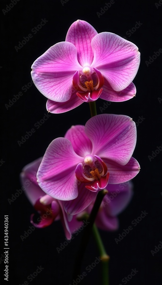 Fototapeta premium Intricate orchid petals, stark black backdrop, tropical, nature, color