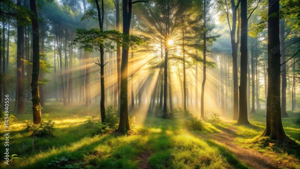 Obraz premium Dense forest with misty atmosphere at dawn, light beams filter through trees creating intricate shadows and highlights on the forest floor , atmospheric effects, nature scene
