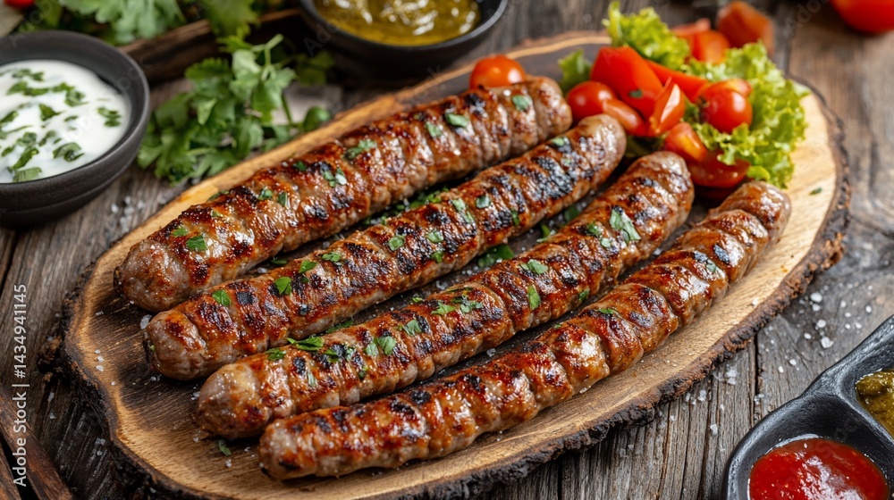 Grilled sausages served with dips and vegetables