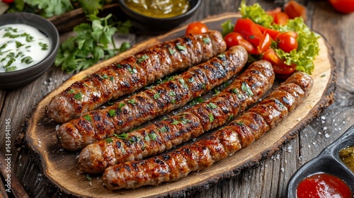 Obraz na płótnie Grilled sausages served with dips and vegetables w salonie