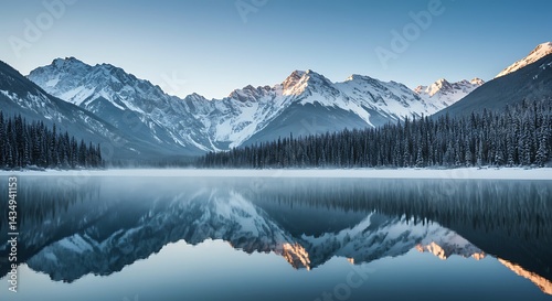 Snowy mountains reflecting on a calm lake surrounded by a forest under a clear blue sky view scene